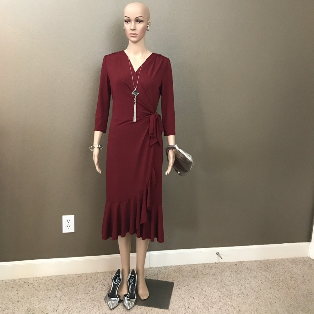 Dress. Flattering wrap dress in merlot. Size 4